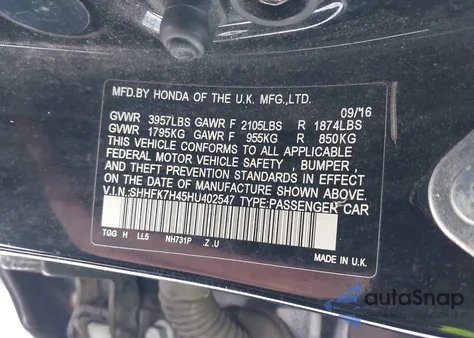 2017 Honda Civic Sport из США, поврежденный, VIN SHHFK7H45HU402547